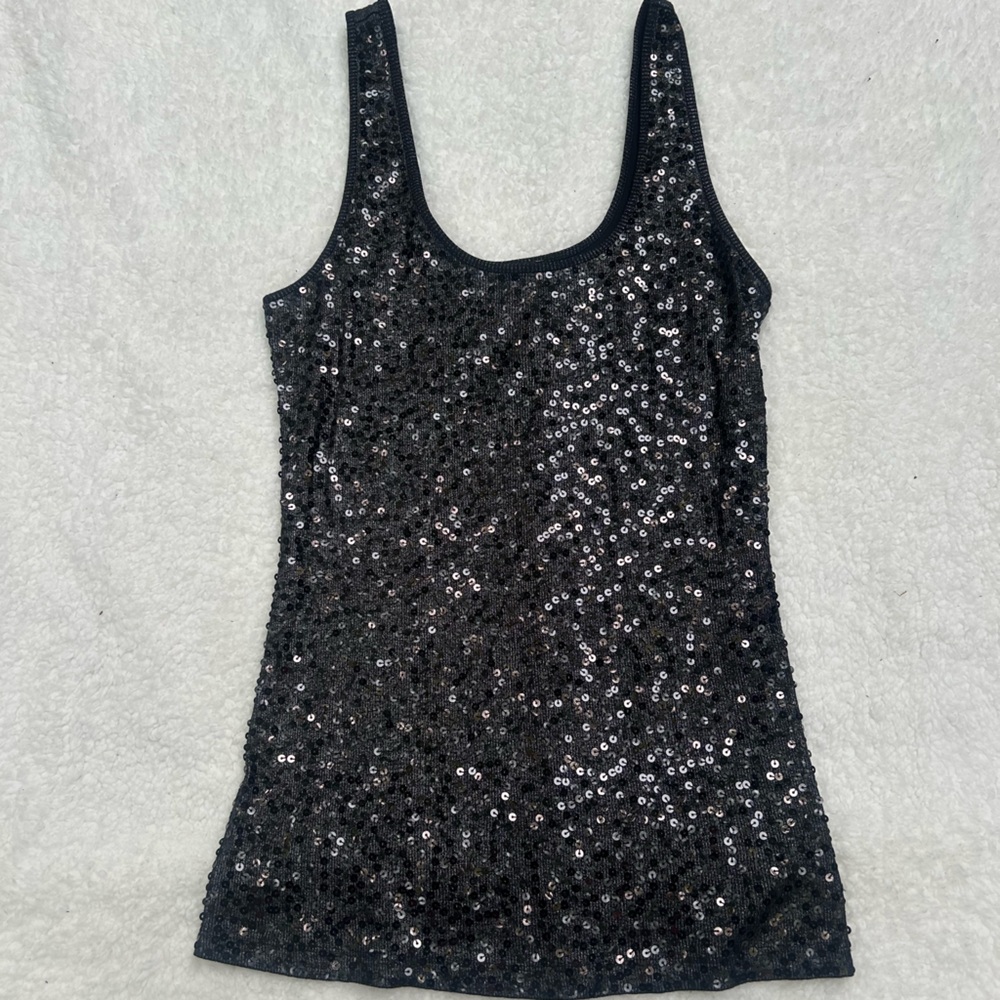 Express Black Sequin Trim Tank Top with Coral Lining
